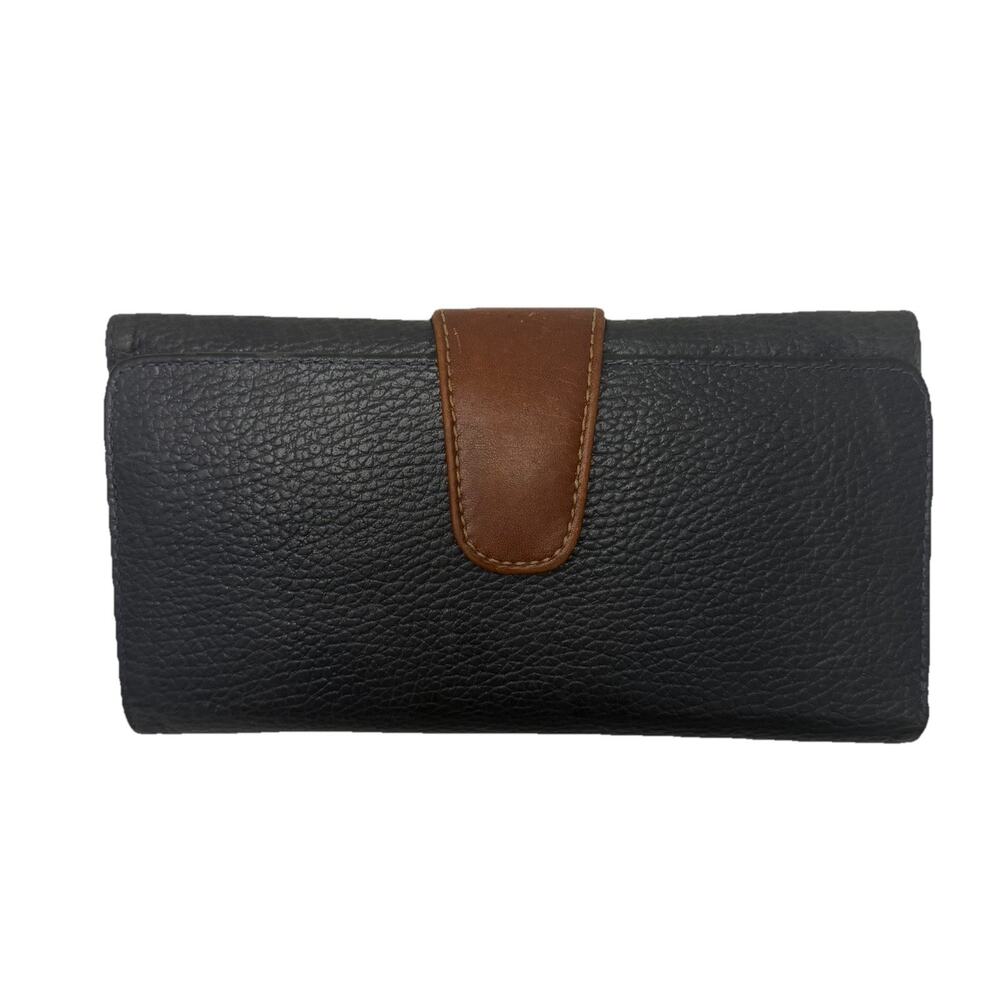 FOSSIL Vintage Trifold Black Pebbled Leather Wallet Brown Tab Card Slots Classic